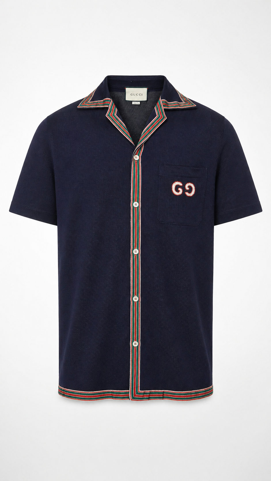 Gucci Navy Blue Web Trim Button-Down Polo Shirt 