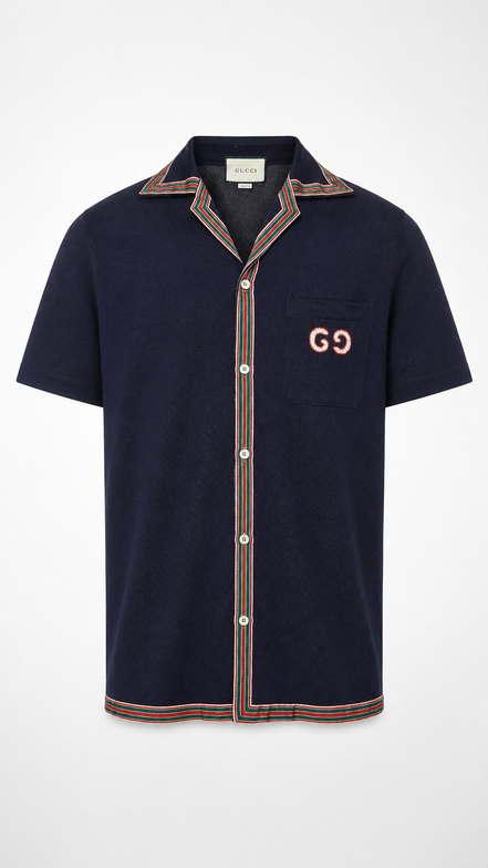 Gucci Navy Blue Web Trim Button-Down Polo Shirt "Unworn"