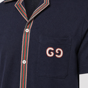 Gucci Navy Blue Web Trim Button-Down Polo Shirt 