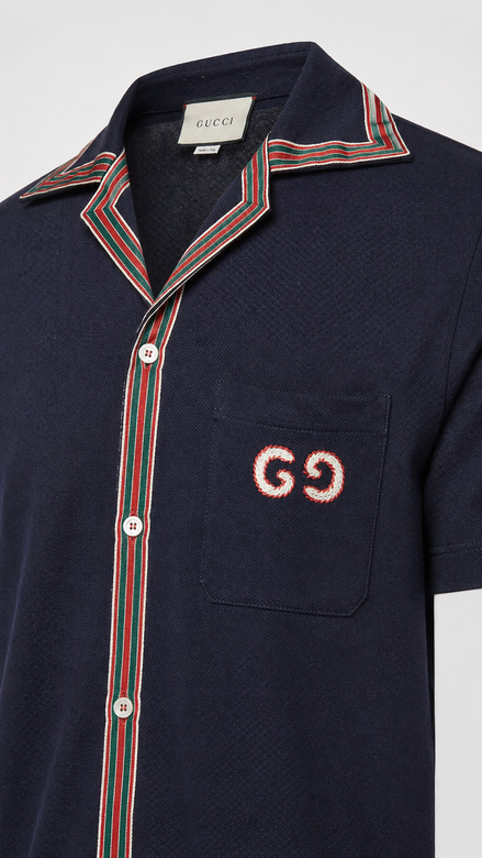 Gucci Navy Blue Web Trim Button-Down Polo Shirt "Unworn"