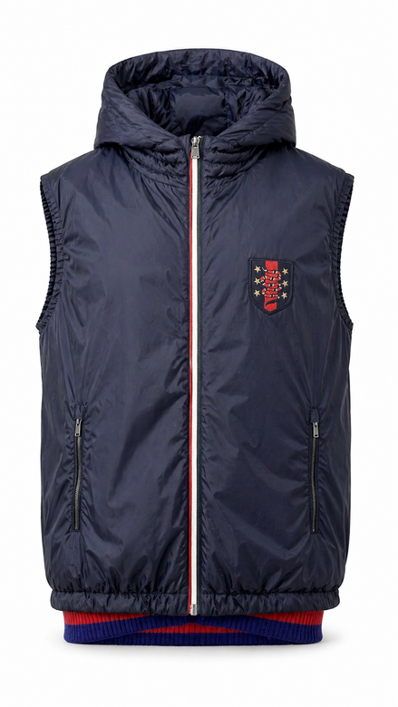 Gucci Navy Blue Hooded Puffer Gilet with Crest Patch "Unworn"