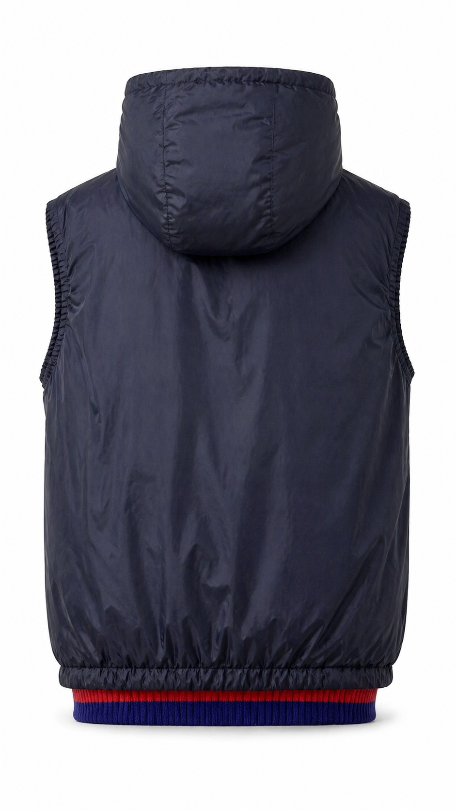 Gucci Navy Blue Hooded Puffer Gilet with Crest Patch 