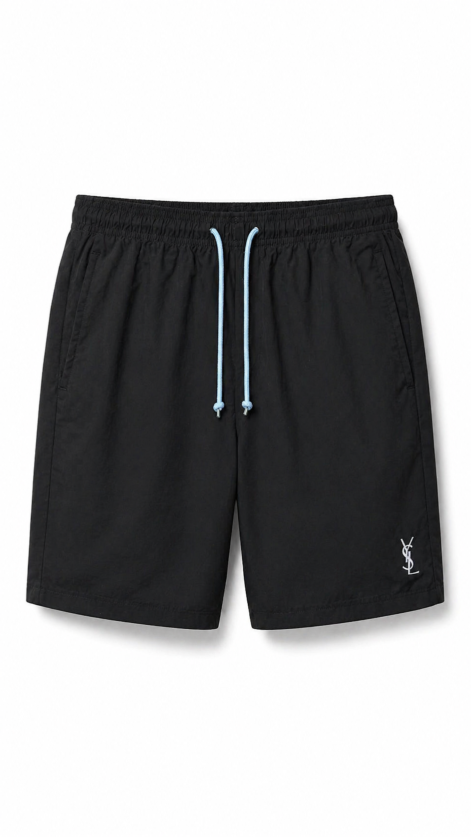 Vintage Saint Laurent Black Swim Shorts with Light Blue YSL Monogram 