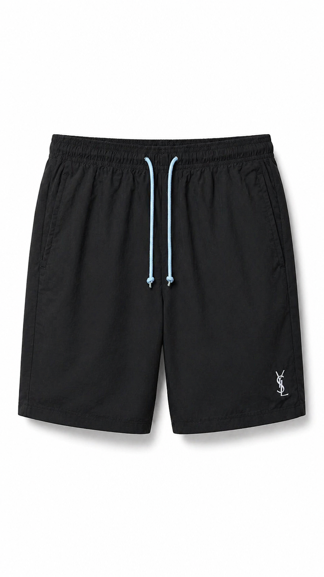 Vintage Saint Laurent Black Swim Shorts with Light Blue YSL Monogram "Unworn"