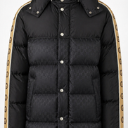 Gucci Black GG Jacquard Puffer Jacket with Interlocking G Sleeve Taping 