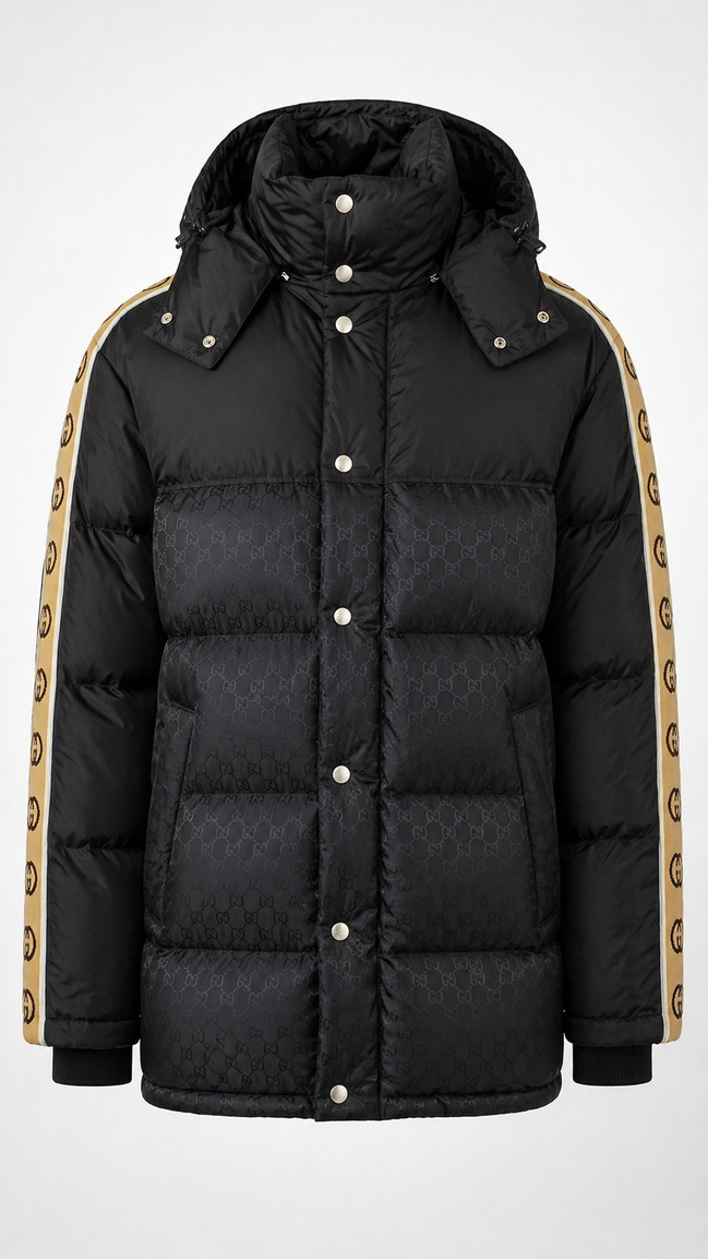 Gucci Black GG Jacquard Puffer Jacket with Interlocking G Sleeve Taping "Unworn"