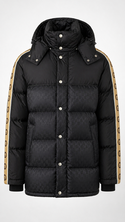 Gucci Black GG Jacquard Puffer Jacket with Interlocking G Sleeve Taping "Unworn"