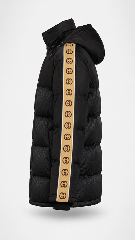 Gucci Black GG Jacquard Puffer Jacket with Interlocking G Sleeve Taping "Unworn"