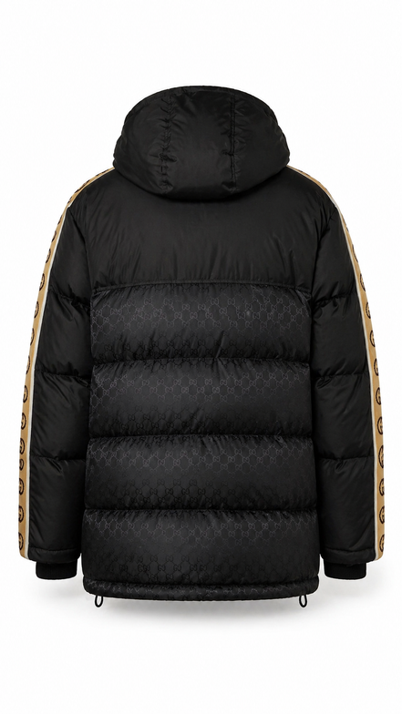 Gucci Black GG Jacquard Puffer Jacket with Interlocking G Sleeve Taping "Unworn"