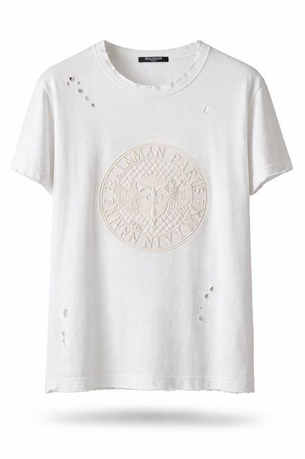Balmain White Distressed Crest Logo T-Shirt (Pre-Loved)