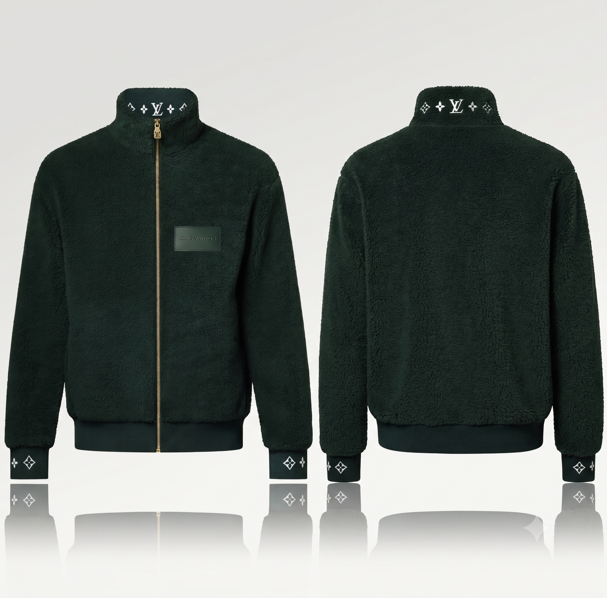 Louis Vuitton Leather Patch Fleece Blouson Dark Green 
