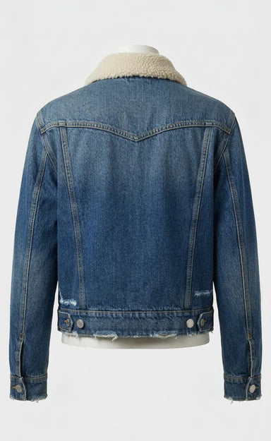 Prada Blue Denim Zip-Up Jacket with Shearling Collar 