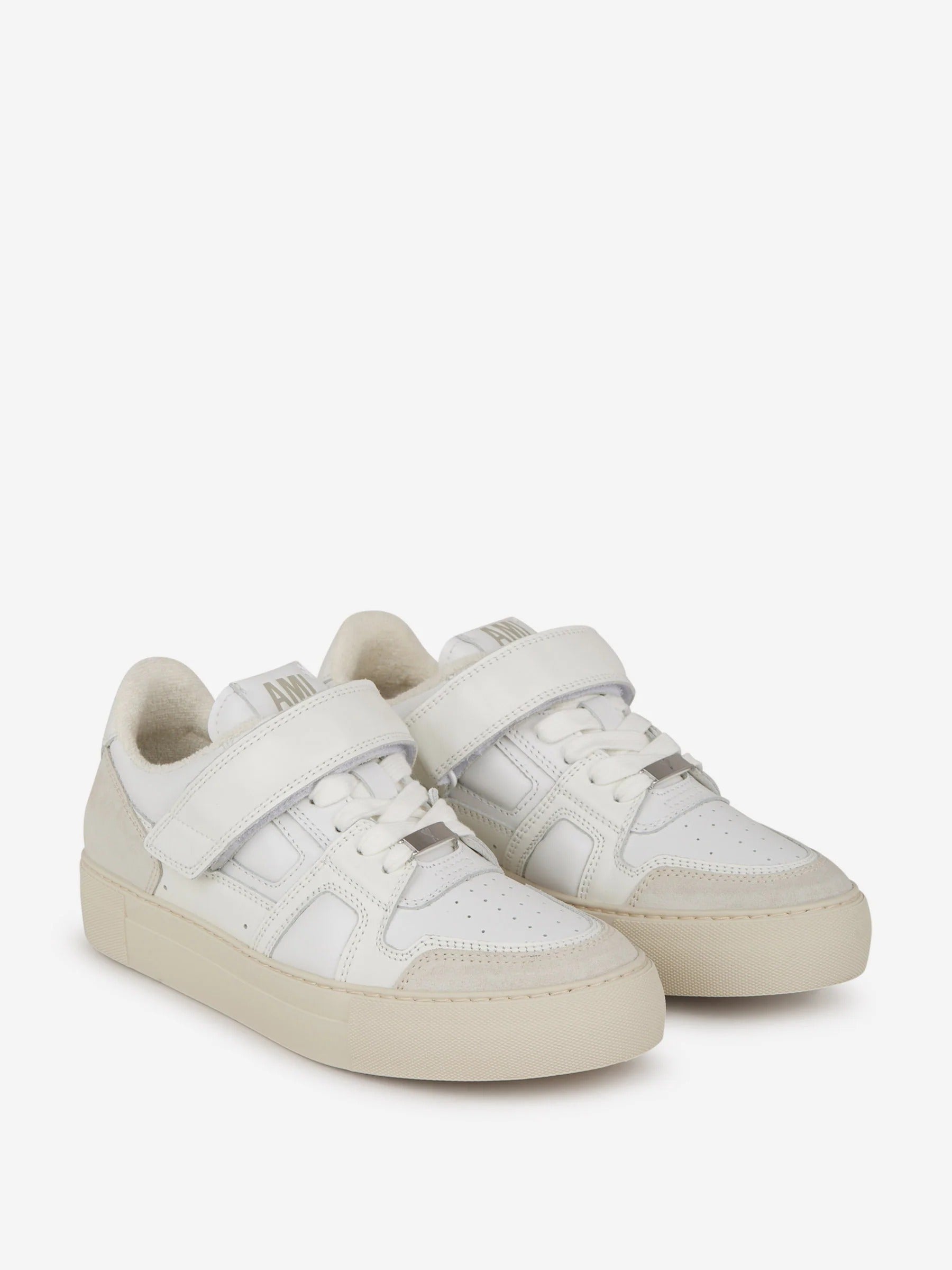 AMI Paris White Leather & Suede Velcro Low-Top Sneakers 