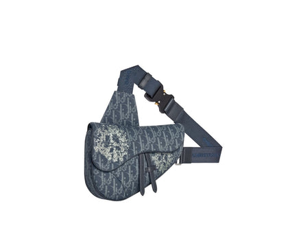 Dior Navy Blue Oblique Jacquard Floral Motif Saddle Bag (Pre-Loved)