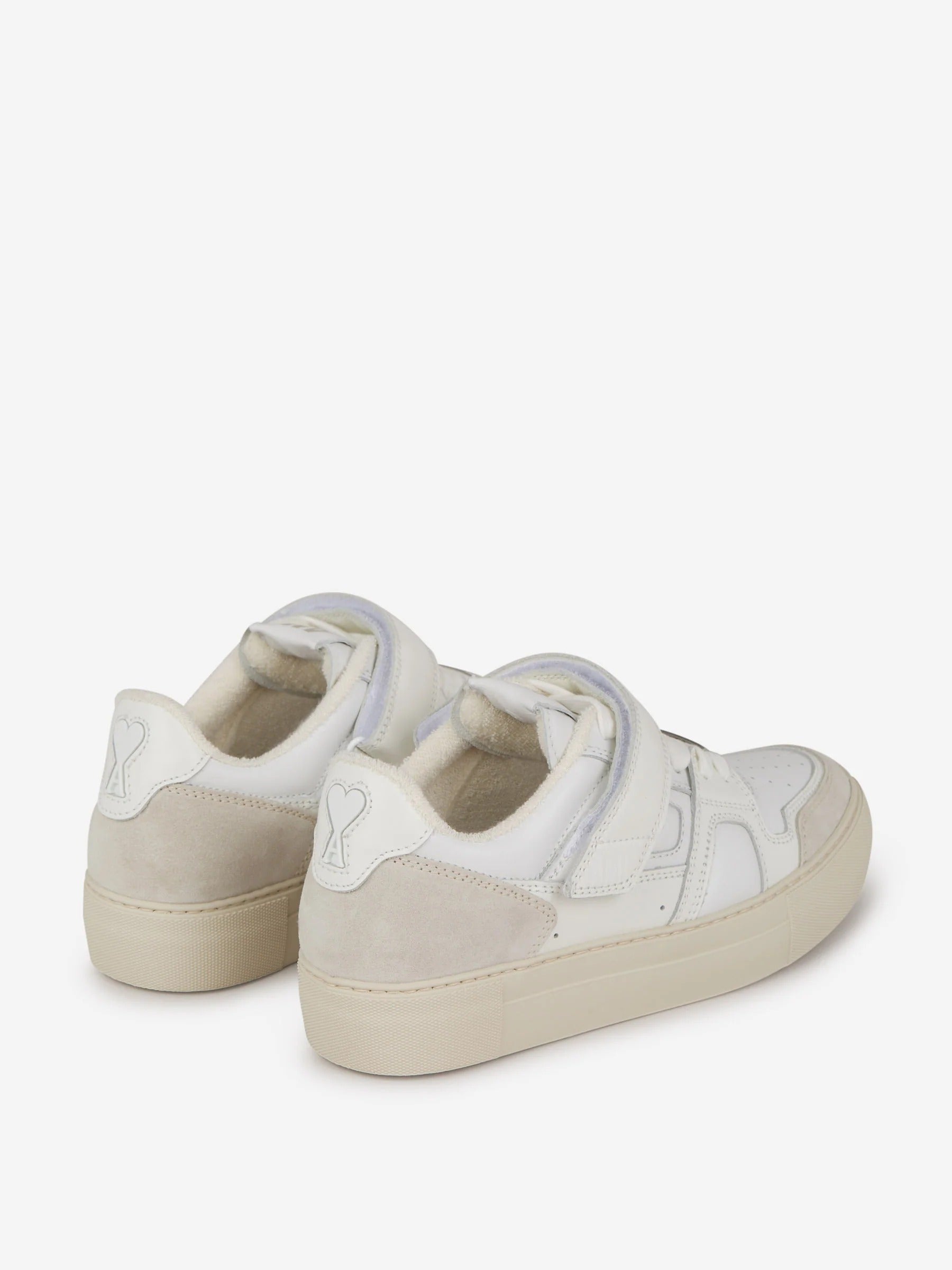 AMI Paris White Leather & Suede Velcro Low-Top Sneakers 