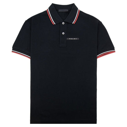 Prada Logo Plaque Tipped Black Cotton Polo Shirt (Pre-Loved)