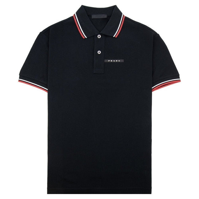 Prada Logo Plaque Tipped Black Cotton Polo Shirt (Pre-Loved)