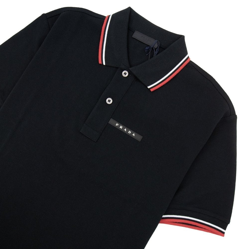 Prada Logo Plaque Tipped Black Cotton Polo Shirt (Pre-Loved)
