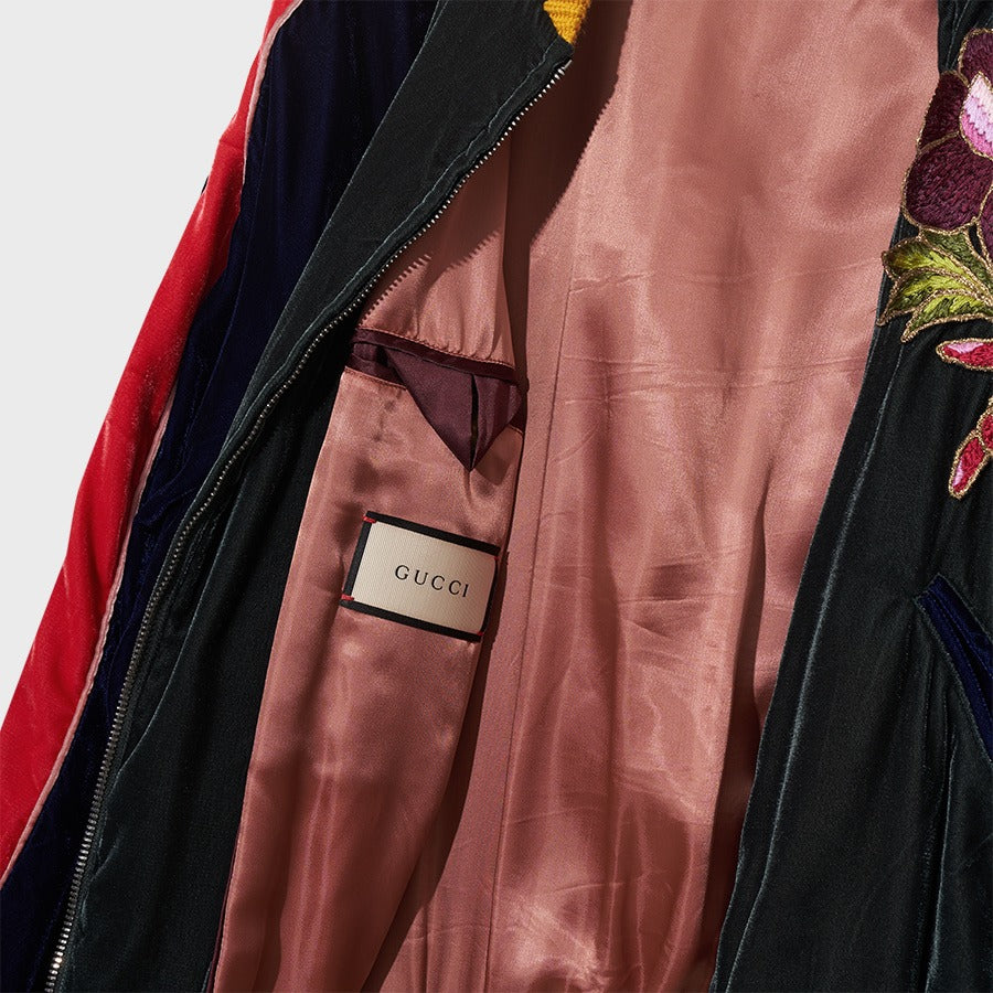 Gucci Multicolor Velvet Floral Appliqué Bomber Jacket (Pre-Loved)