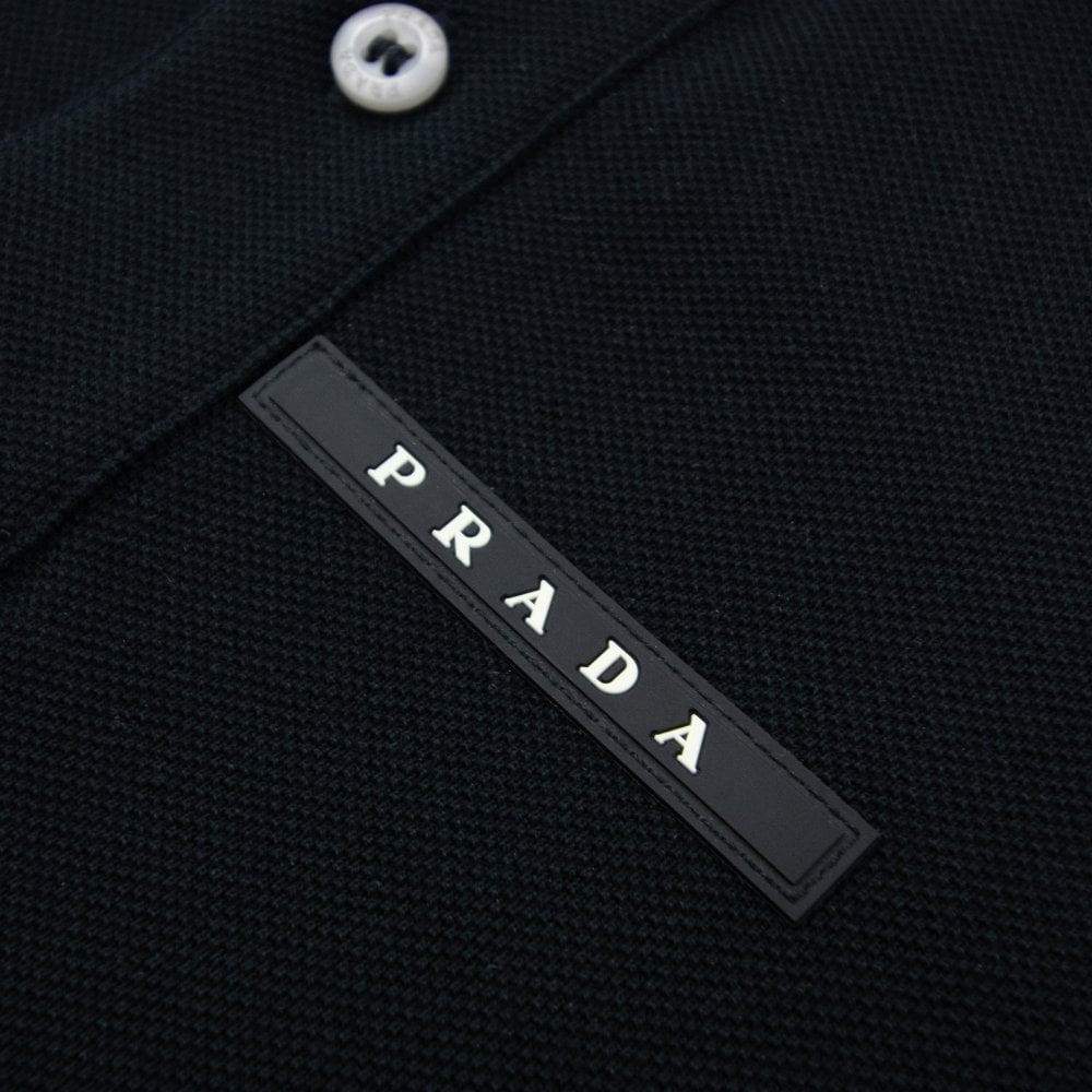 Prada Logo Plaque Tipped Black Cotton Polo Shirt (Pre-Loved)