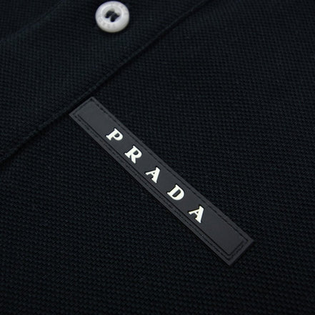 Prada Logo Plaque Tipped Black Cotton Polo Shirt (Pre-Loved)