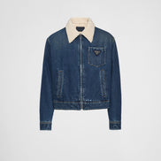 Prada Blue Denim Zip-Up Jacket with Shearling Collar 