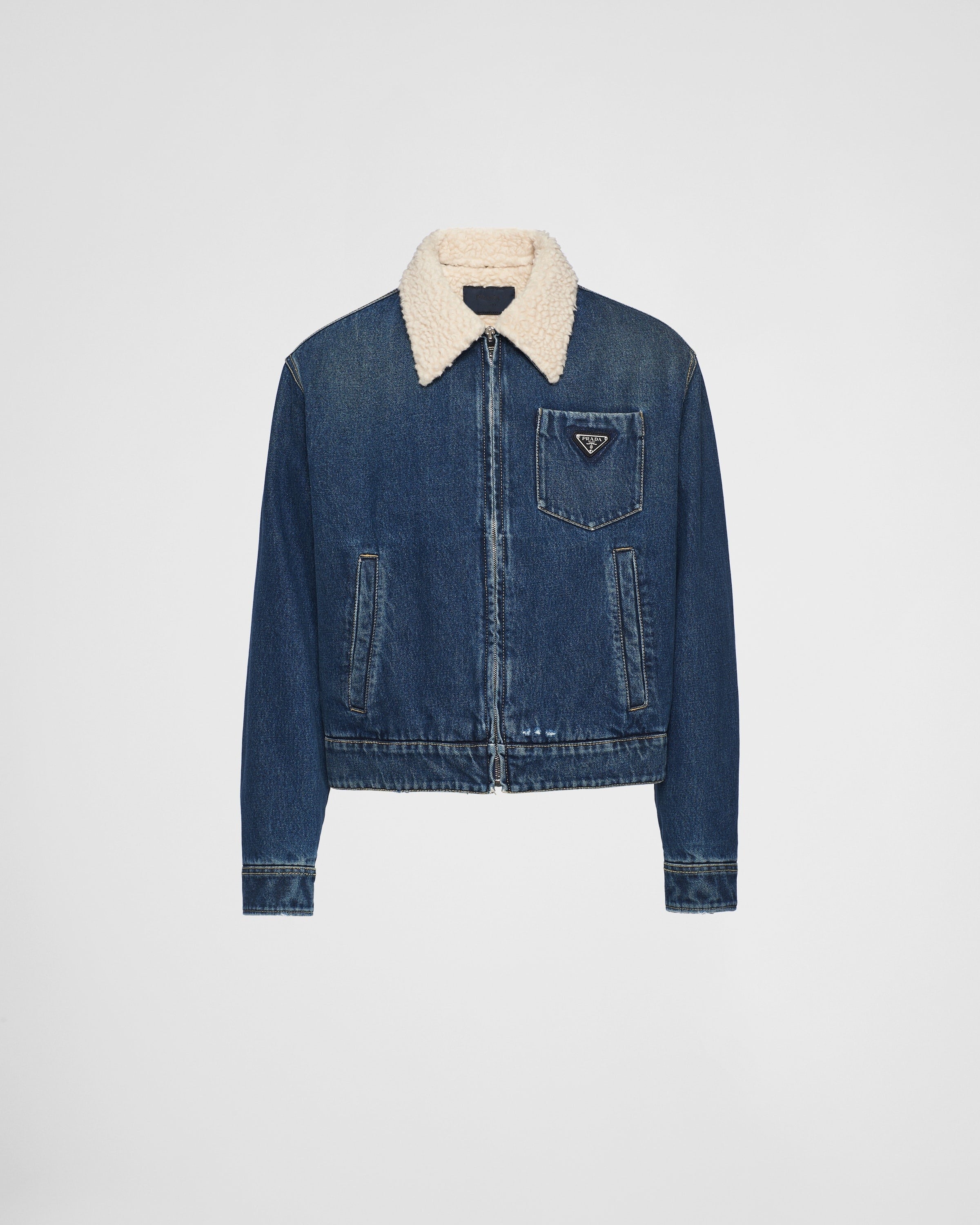Prada Blue Denim Zip-Up Jacket with Shearling Collar 