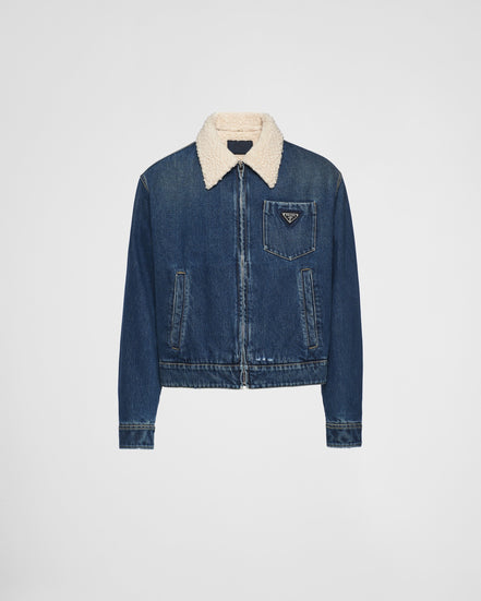 Prada Blue Denim Zip-Up Jacket with Shearling Collar "Unworn"