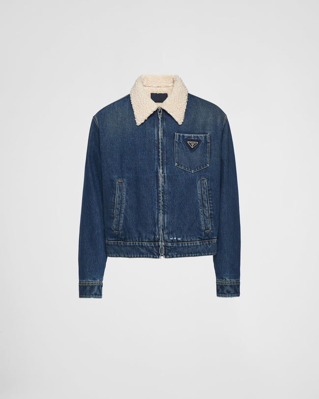 Prada Blue Denim Zip-Up Jacket with Shearling Collar "Unworn"