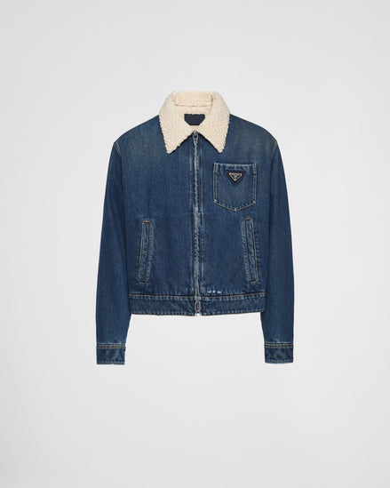 Prada Blue Denim Zip-Up Jacket with Shearling Collar "Unworn"