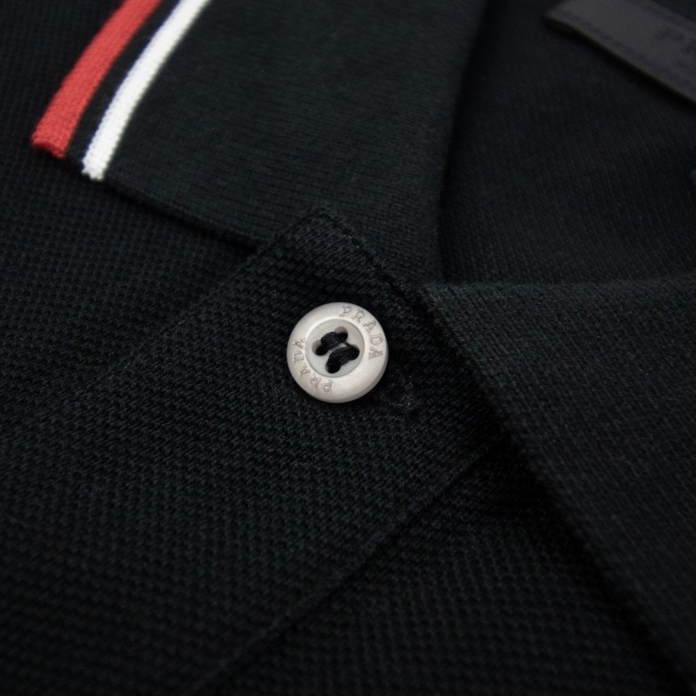 Prada Logo Plaque Tipped Black Cotton Polo Shirt (Pre-Loved)