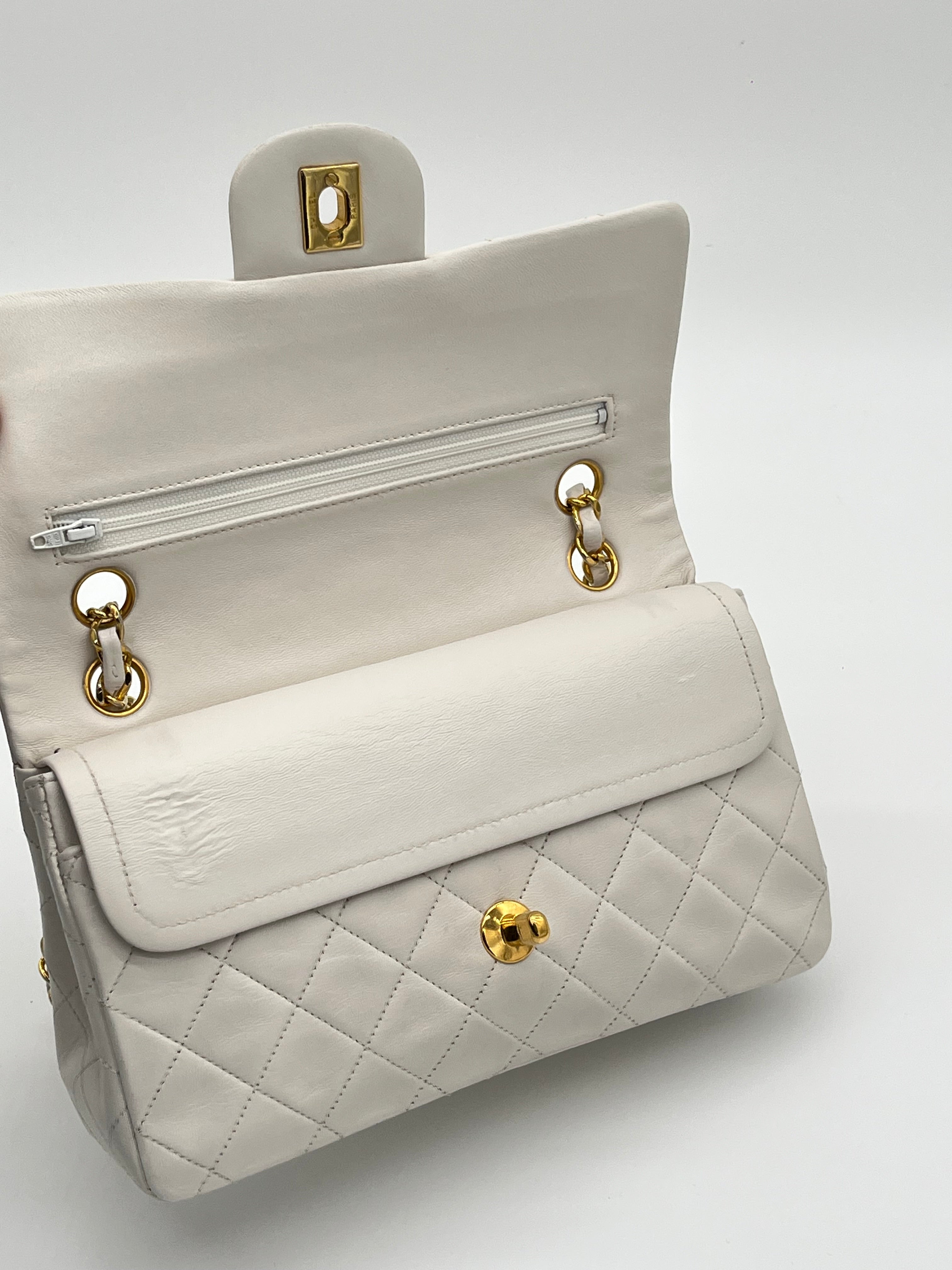 Chanel Medium Double Flap Bag White Lambskin Gold Hardware 