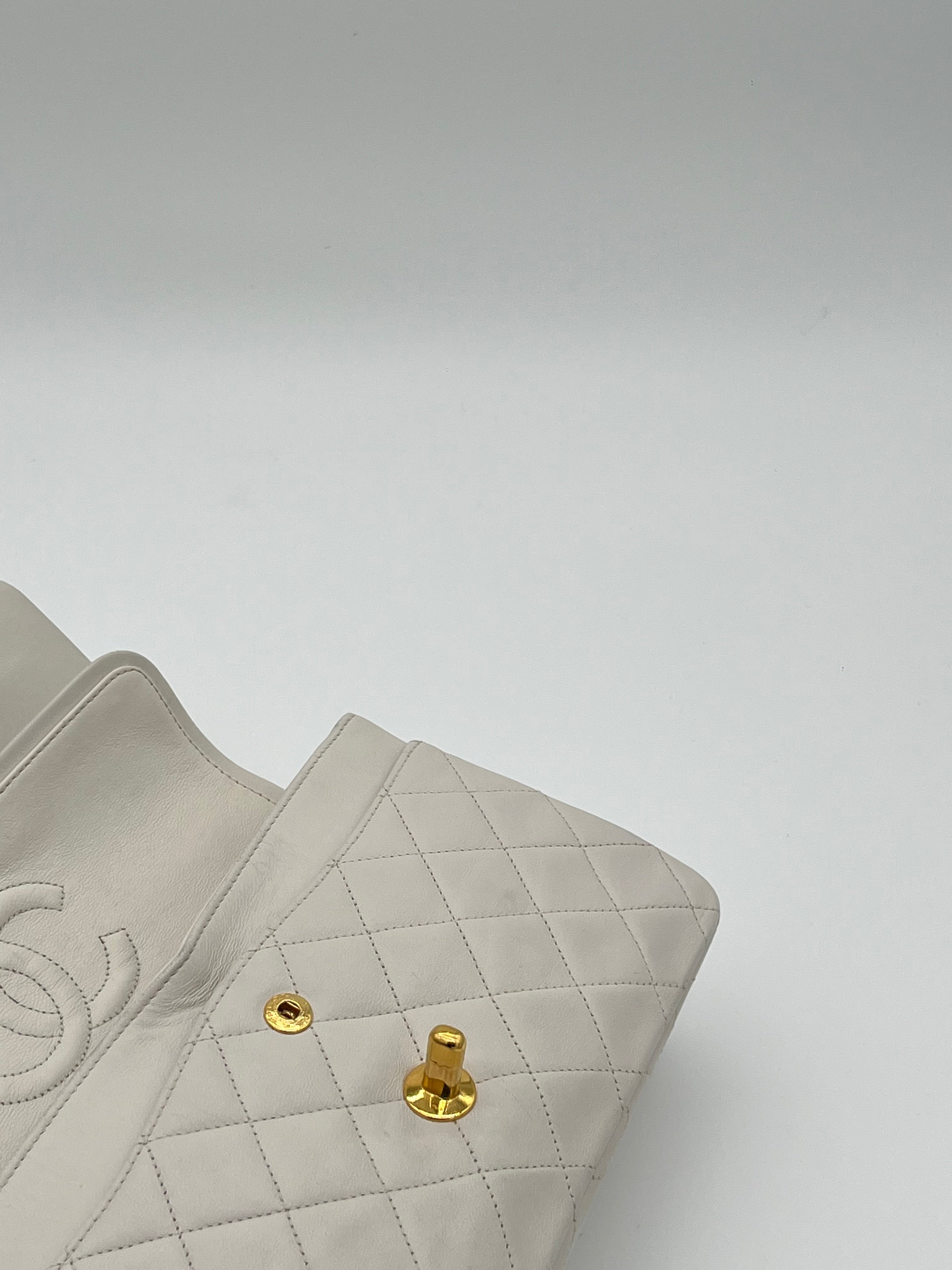 Chanel Medium Double Flap Bag White Lambskin Gold Hardware 