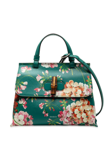 Gucci Green Floral Print Bamboo Top Handle Bag (Pre-Loved)
