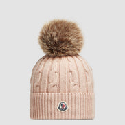 Moncler Rose Pink Cable-Knit Fur Pom-Pom Beanie (Pre-Loved)