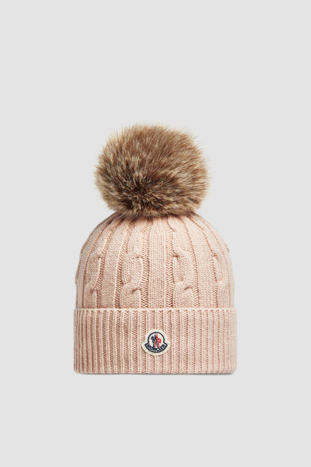 Moncler Rose Pink Cable-Knit Fur Pom-Pom Beanie (Pre-Loved)