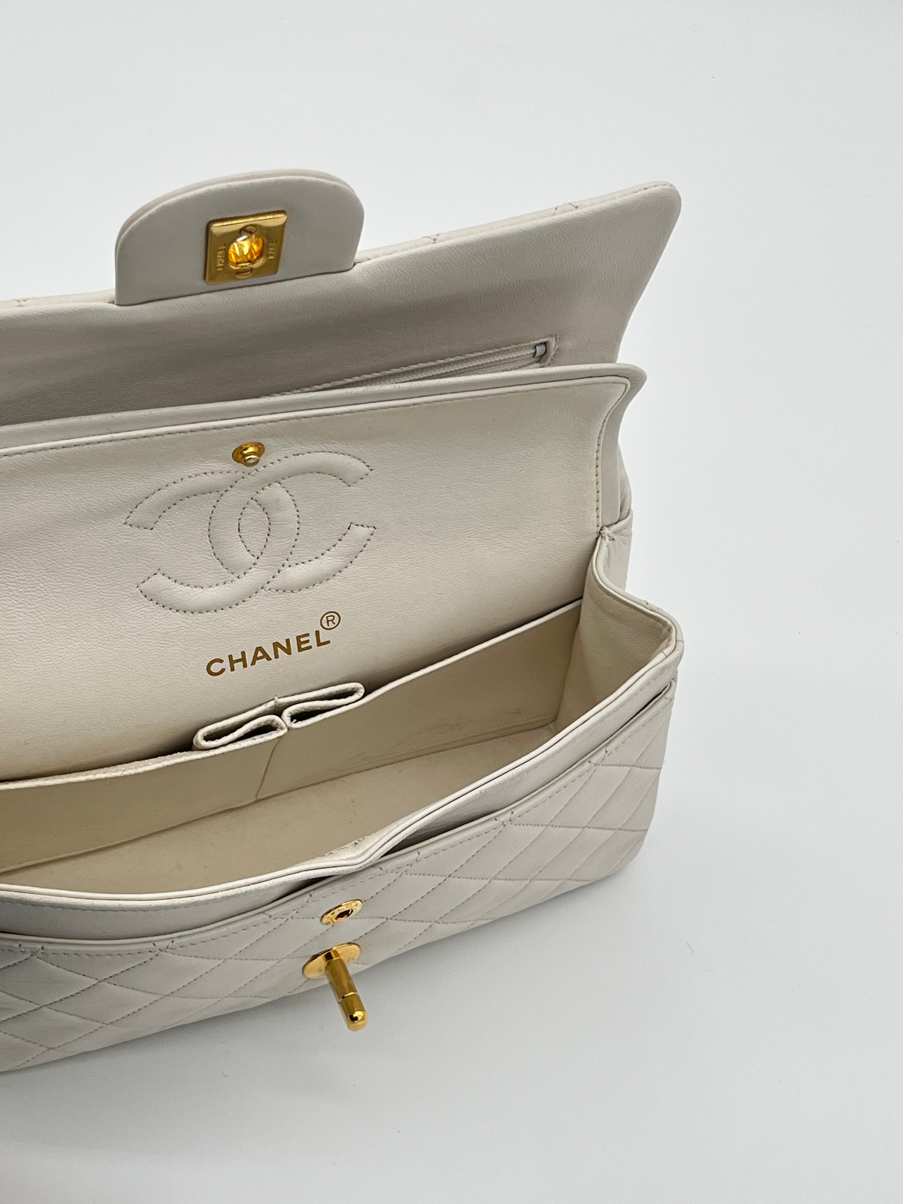 Chanel Medium Double Flap Bag White Lambskin Gold Hardware 