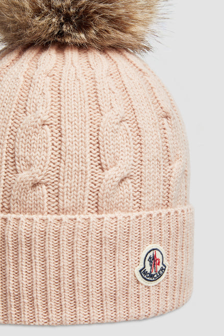 Moncler Rose Pink Cable-Knit Fur Pom-Pom Beanie (Pre-Loved)