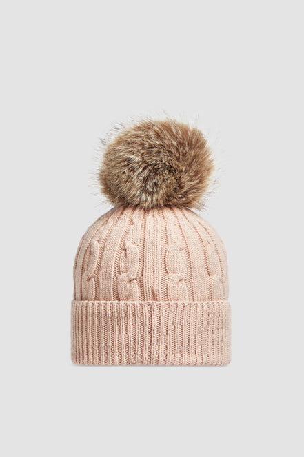 Moncler Rose Pink Cable-Knit Fur Pom-Pom Beanie (Pre-Loved)