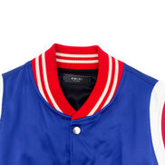 Amiri Blue Satin & Leather Trim Varsity Bomber Jacket 