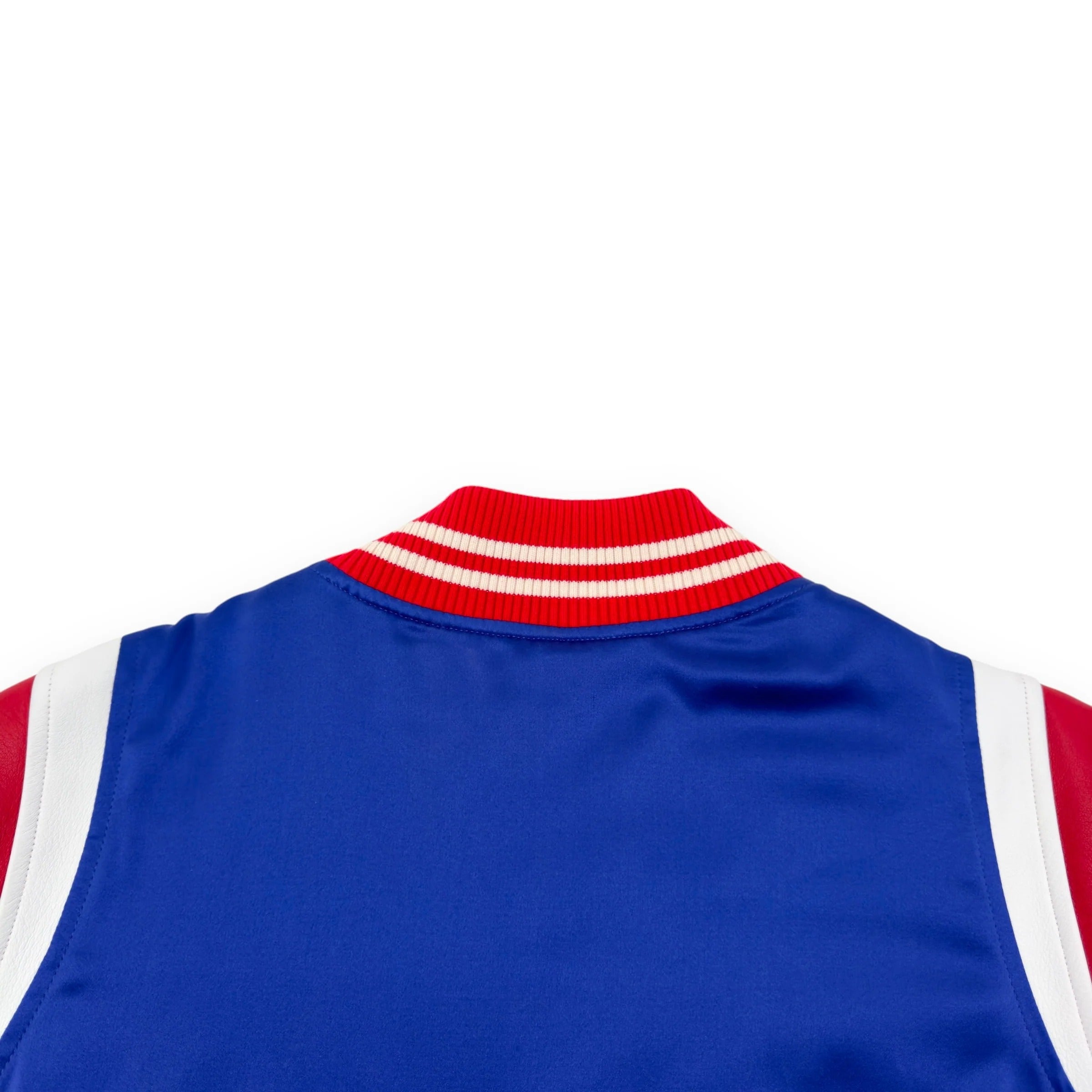 Amiri Blue Satin & Leather Trim Varsity Bomber Jacket 