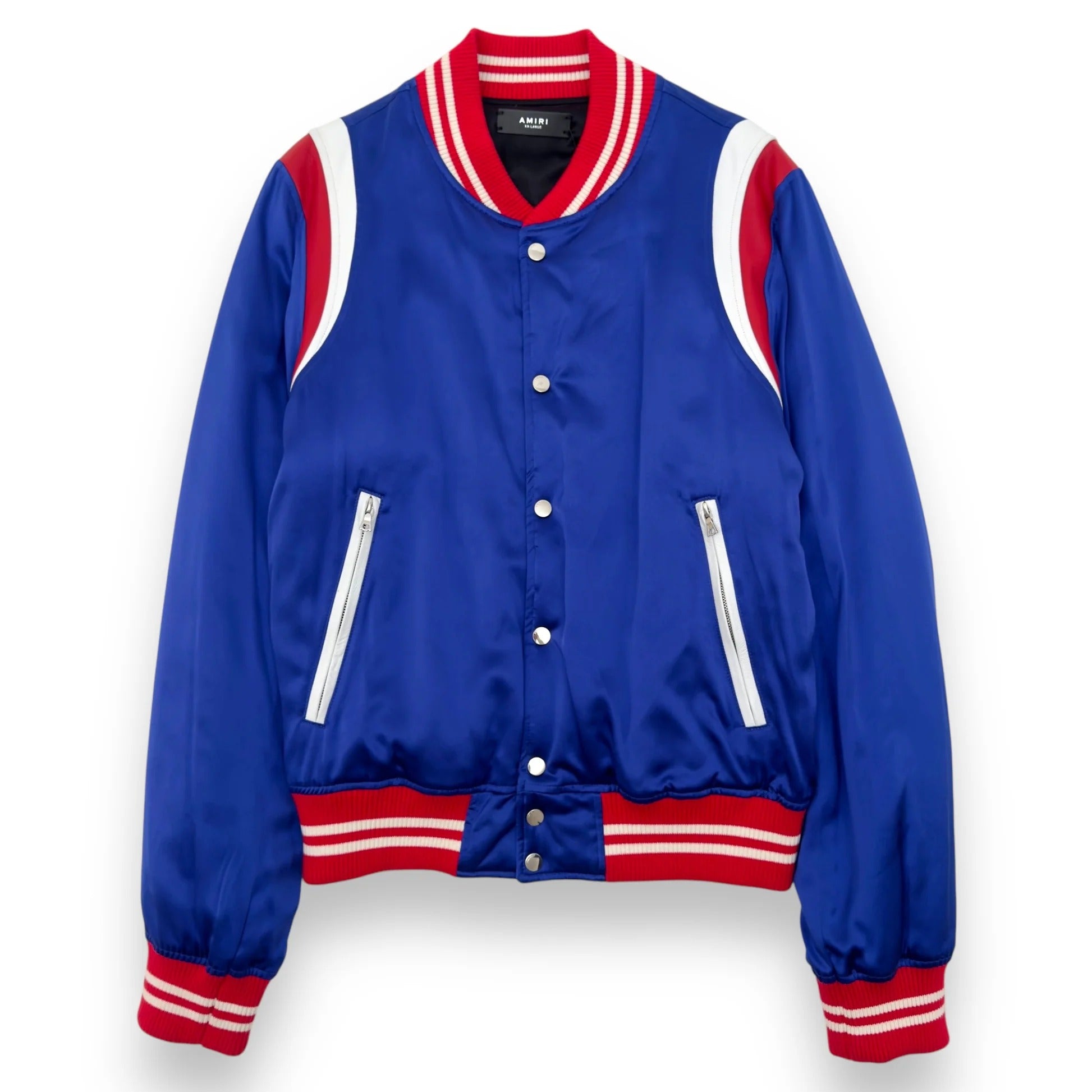 Amiri Blue Satin & Leather Trim Varsity Bomber Jacket 