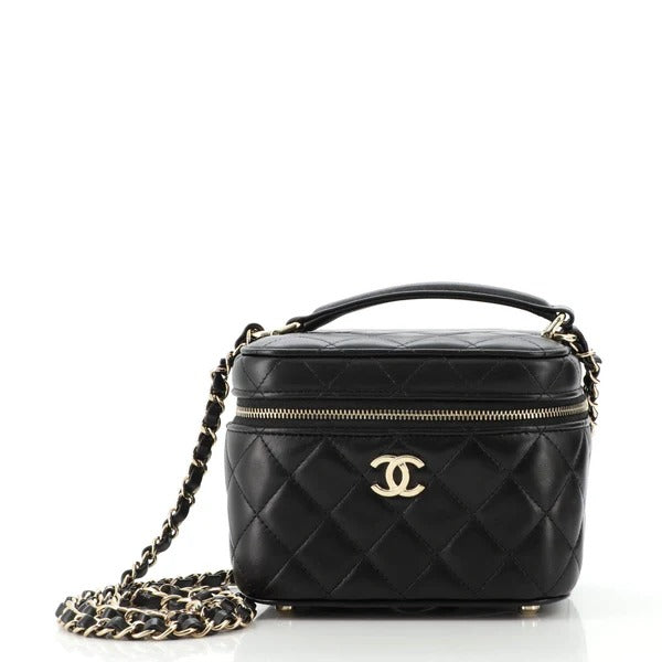 Chanel Classic Vanity Case with Chain Top Handle Black Caviar Gold Hardware 