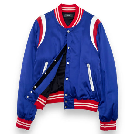 Amiri Blue Satin & Leather Trim Varsity Bomber Jacket "Unworn"
