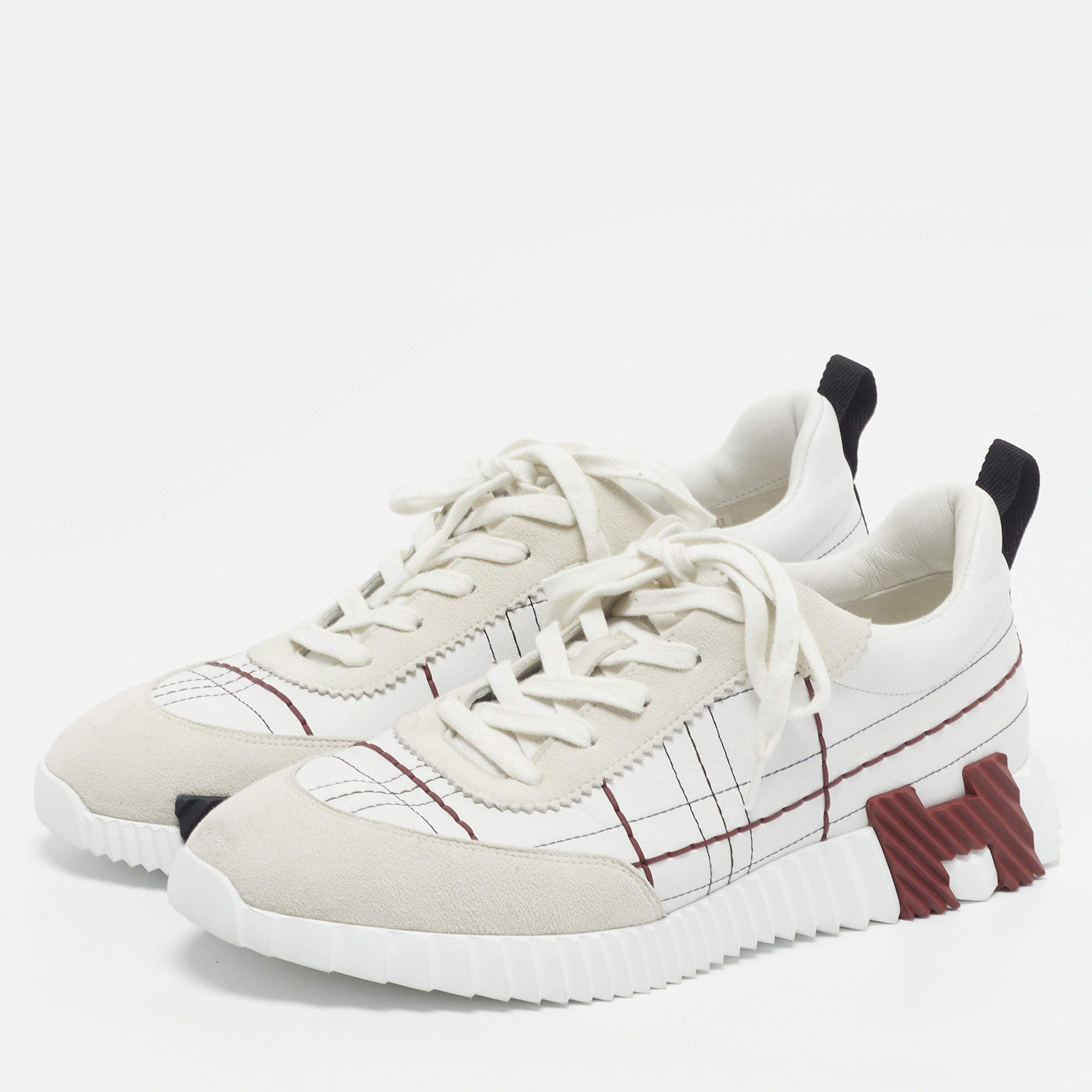 Hermès White and Burgundy Grid Stitch Bouncing Sneakers 