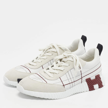 Hermès White and Burgundy Grid Stitch Bouncing Sneakers "Unworn"