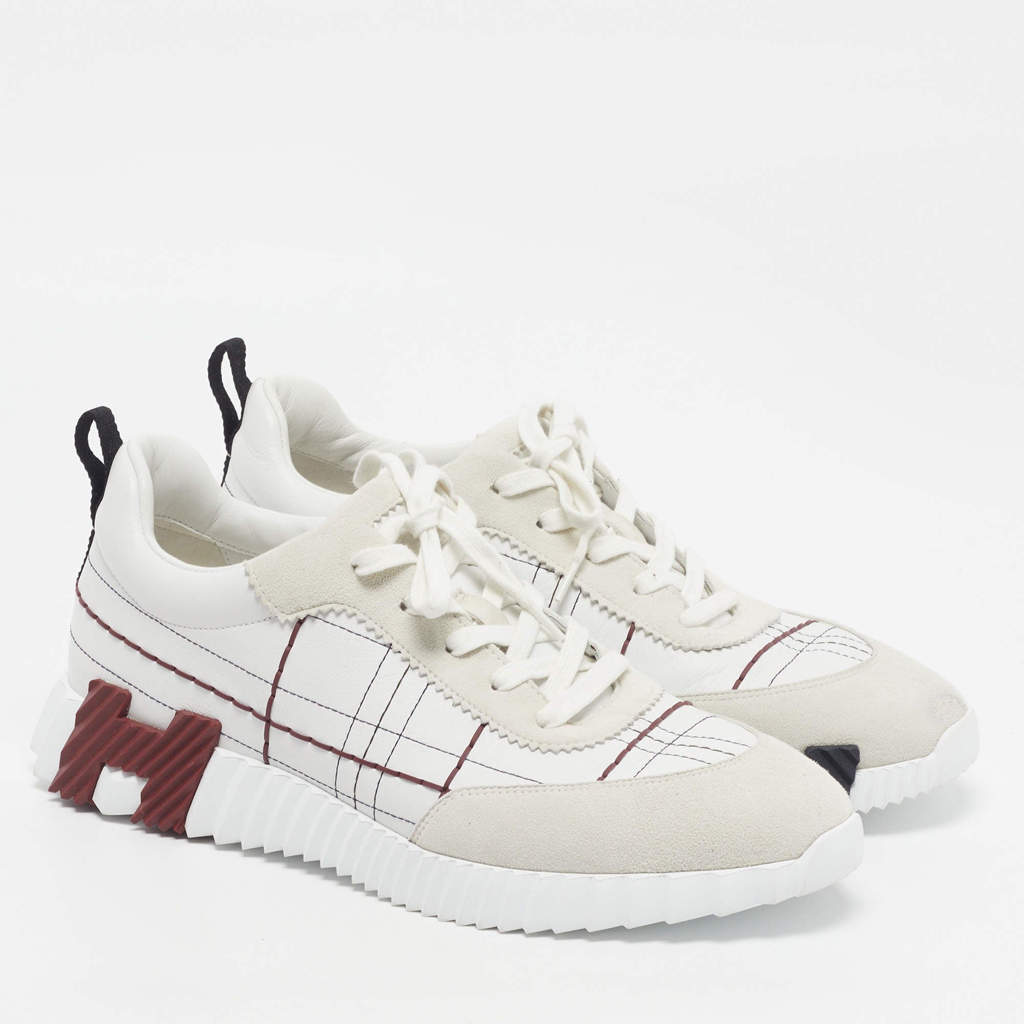 Hermès White and Burgundy Grid Stitch Bouncing Sneakers 