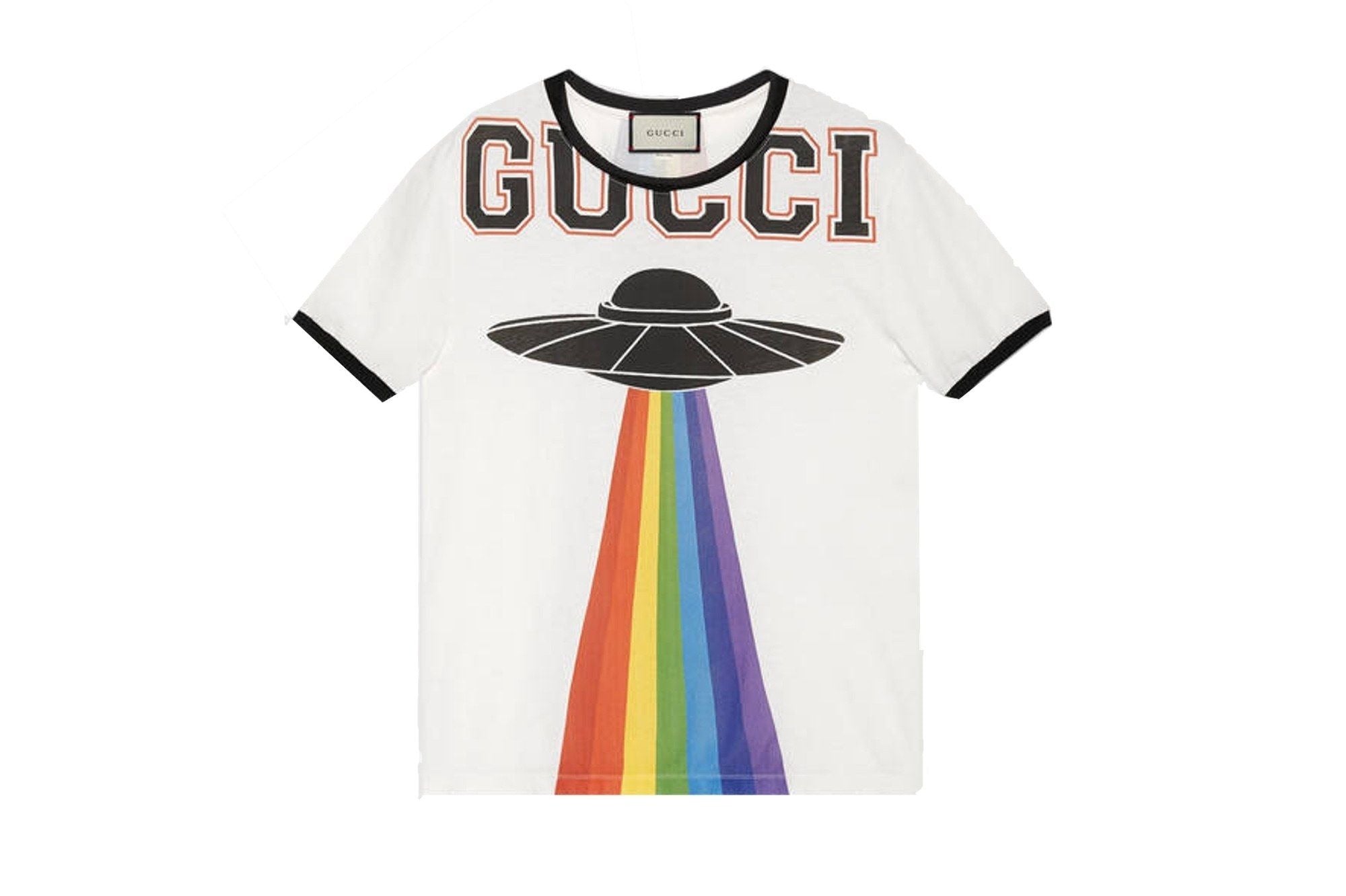 Gucci Cream UFO Print Cotton Distressed Crew Neck T-Shirt 