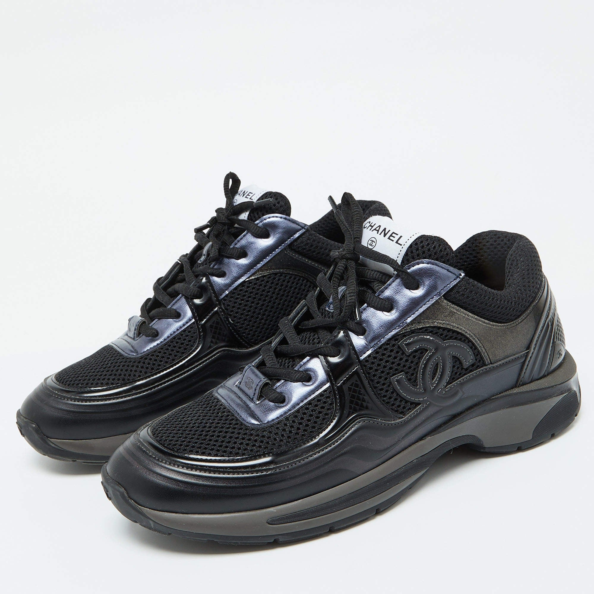 Chanel Black Mesh & Suede CC Trainers 