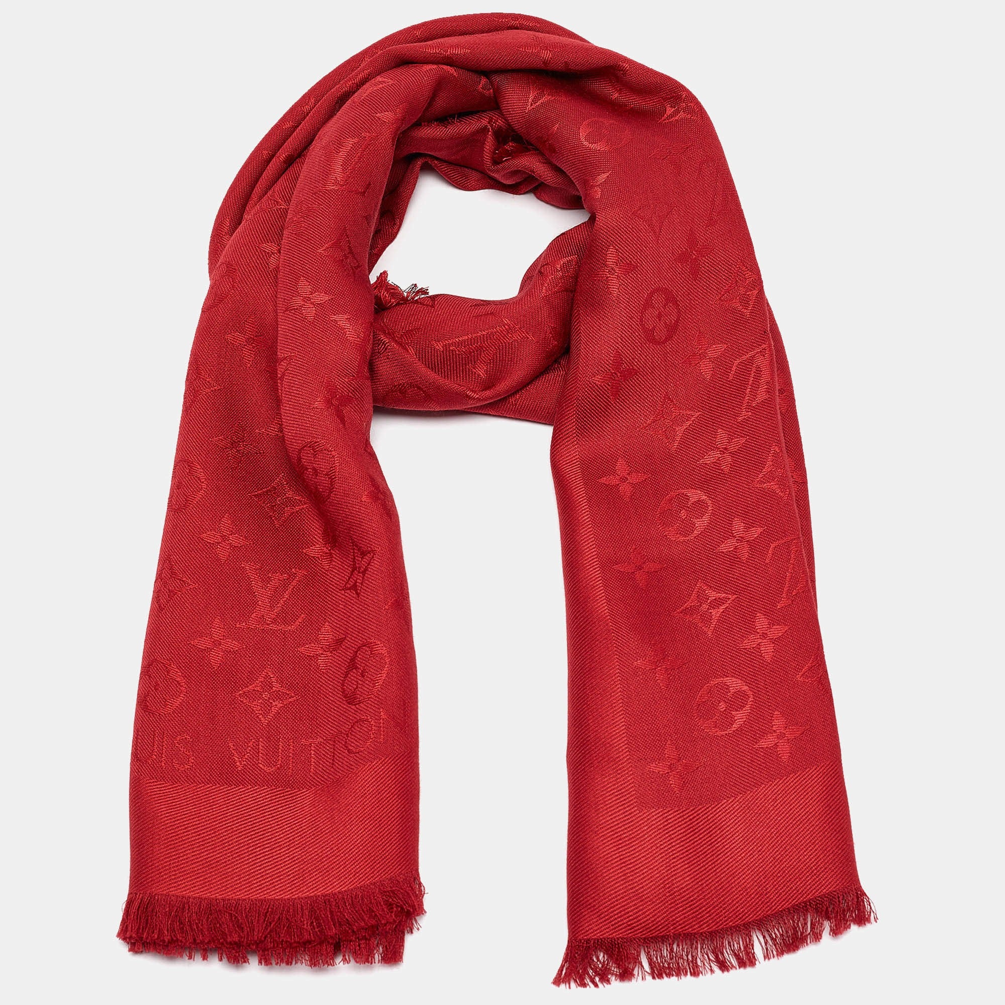 Louis Vuitton Red Monogram Silk/Wool Pomme d'amour Scarf 